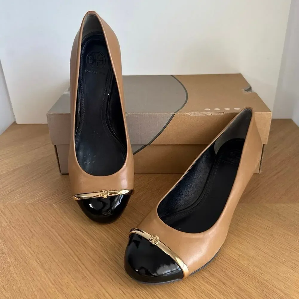 Tory Burch Pacey Tan/Patent Black Cap Toe Women Wedge Heels - SZ 9.5
